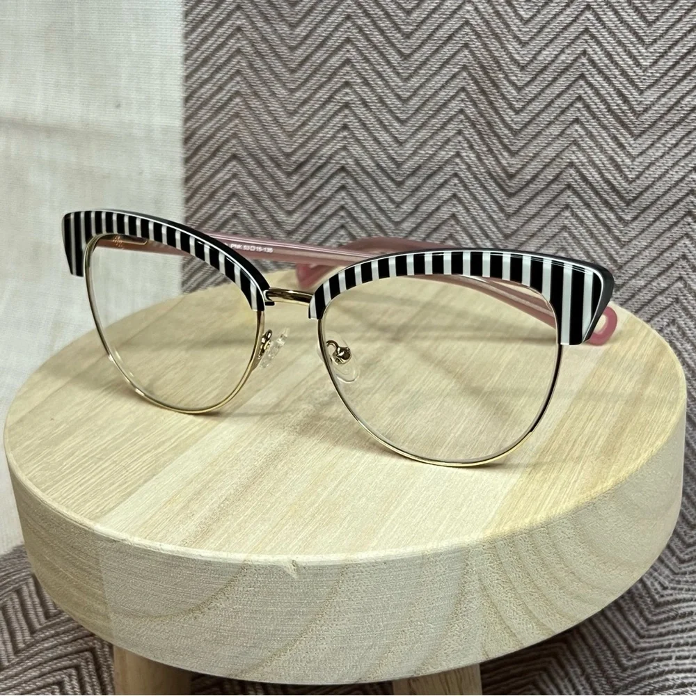 Betsey Johnson Black & White Striped Cat-Eye Glasses with Pink Case